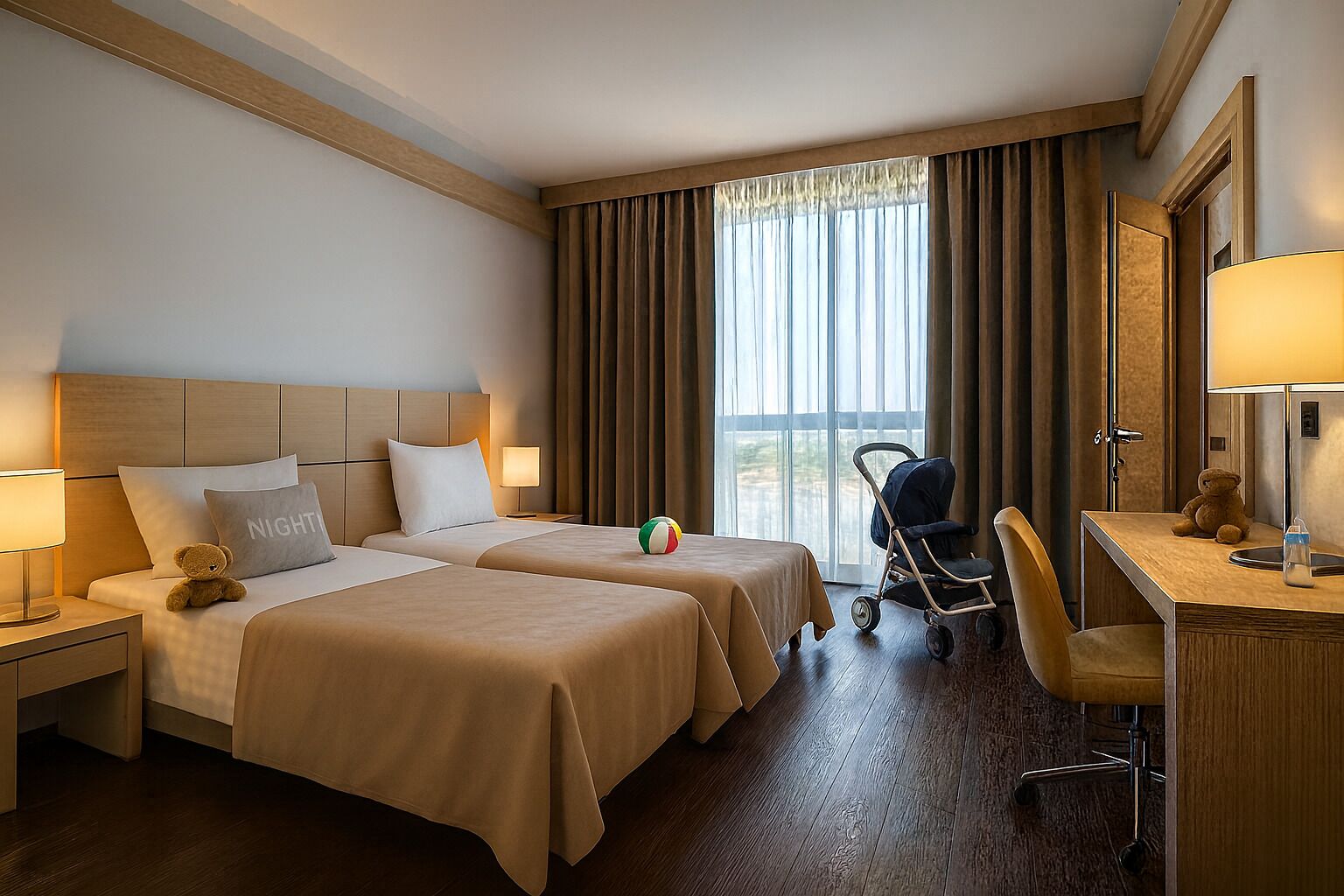 Ein Hotelzimmer mit zwei Betten, einem Schreibtisch, einem Stuhl, einer Lampe, einem Teddybären, einem Kinderwagen und einem Fenster mit Vorhängen.