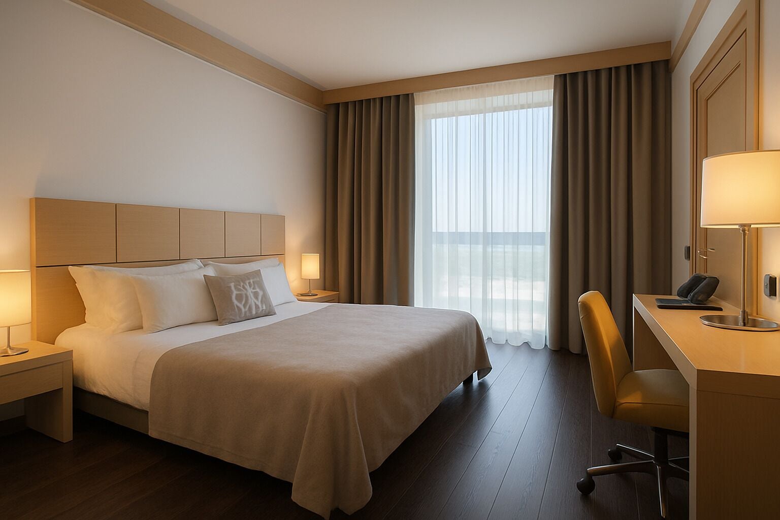 Una habitación de hotel con una cama, mesitas de noche, un escritorio y una silla.
