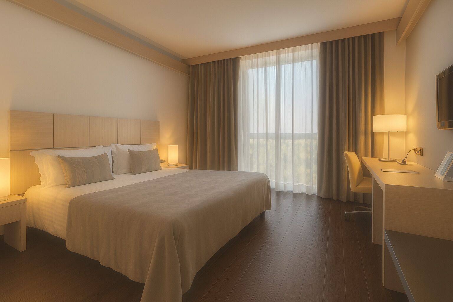 Una habitación de hotel con una cama grande, mesitas de noche, un escritorio y una silla.