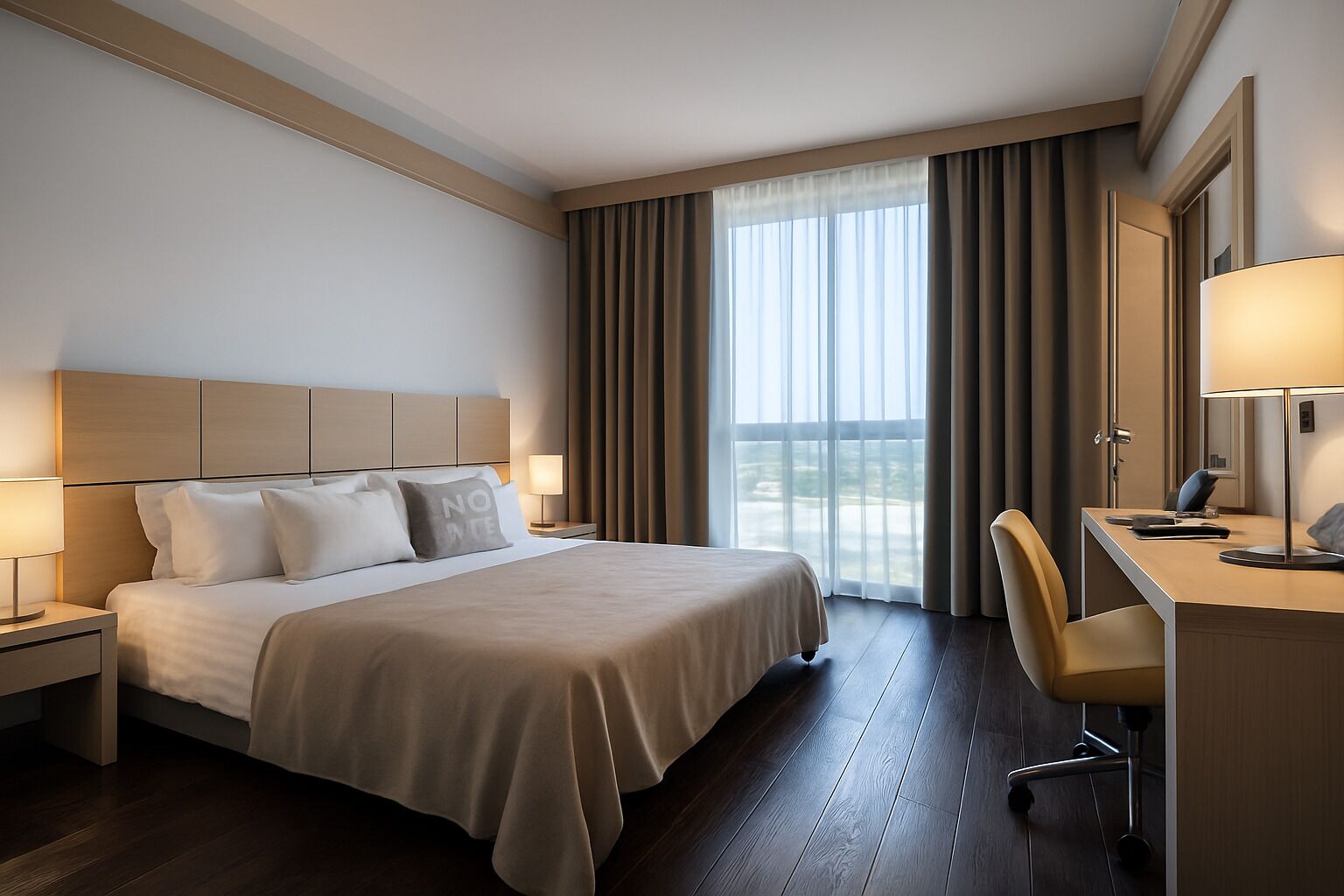 Ein Hotelzimmer mit einem Bett, Nachttischen, einem Schreibtisch mit Stuhl und einem großen Fenster mit Vorhängen.