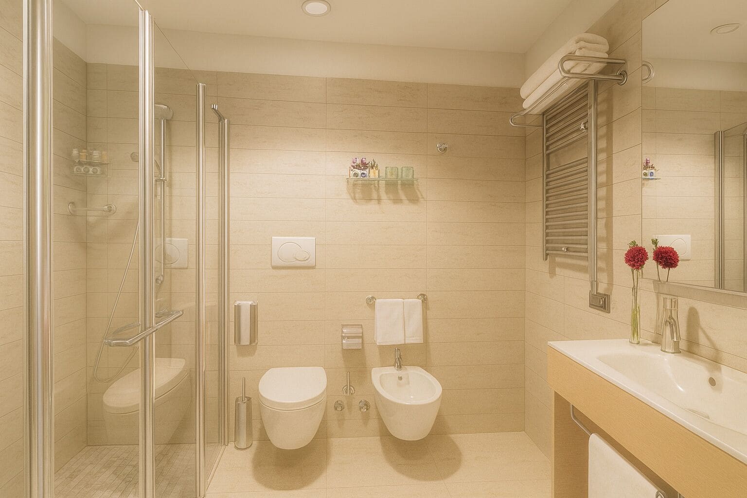 A modern bathroom with a glass shower enclosure, two toilets, a sink, and a mirror.