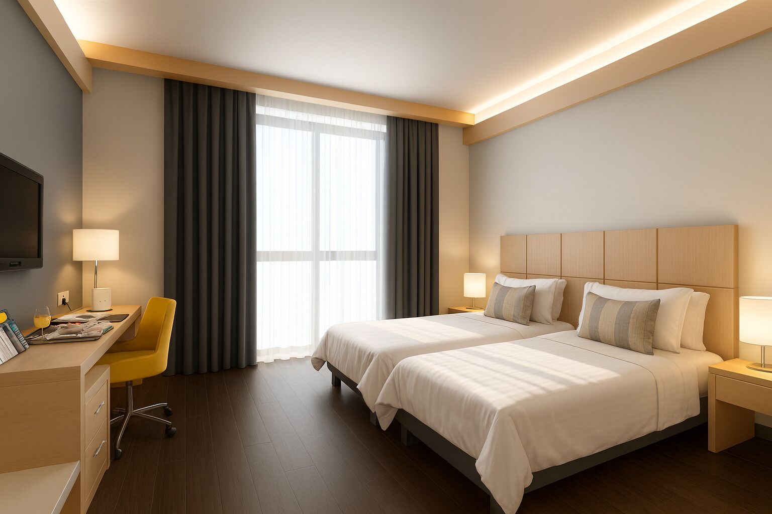 A hotel room with two beds, a desk, a chair, and a TV.