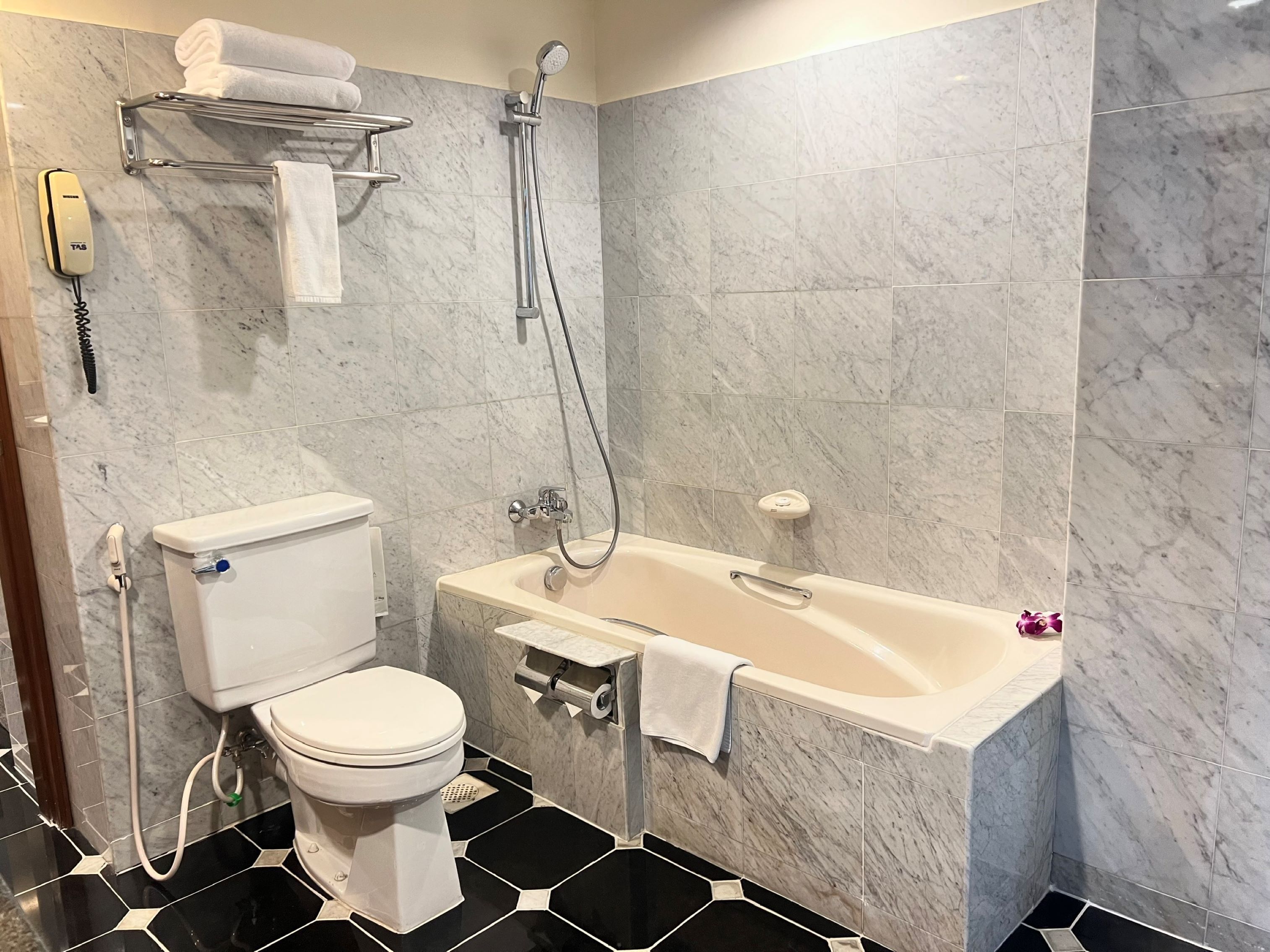 A bathroom with a toilet, a bathtub, and a shower.