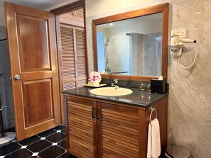 Suite ejecutiva, vistas a la ciudad | Baño | Bañera y ducha independientes y bañera profunda