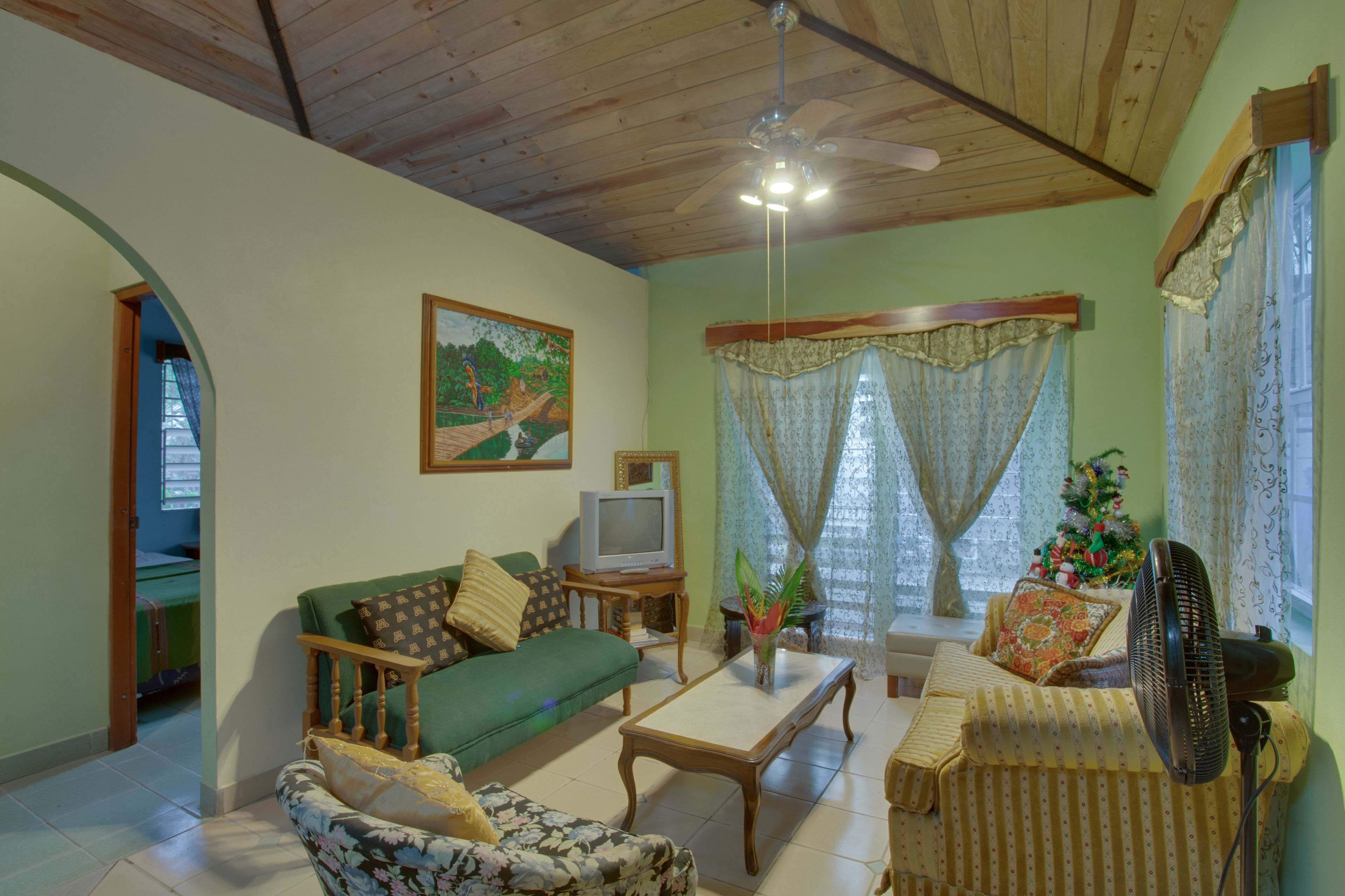A living room with a green sofa, a floral armchair, a wooden coffee table, a television on a wooden stand, and a fan.
