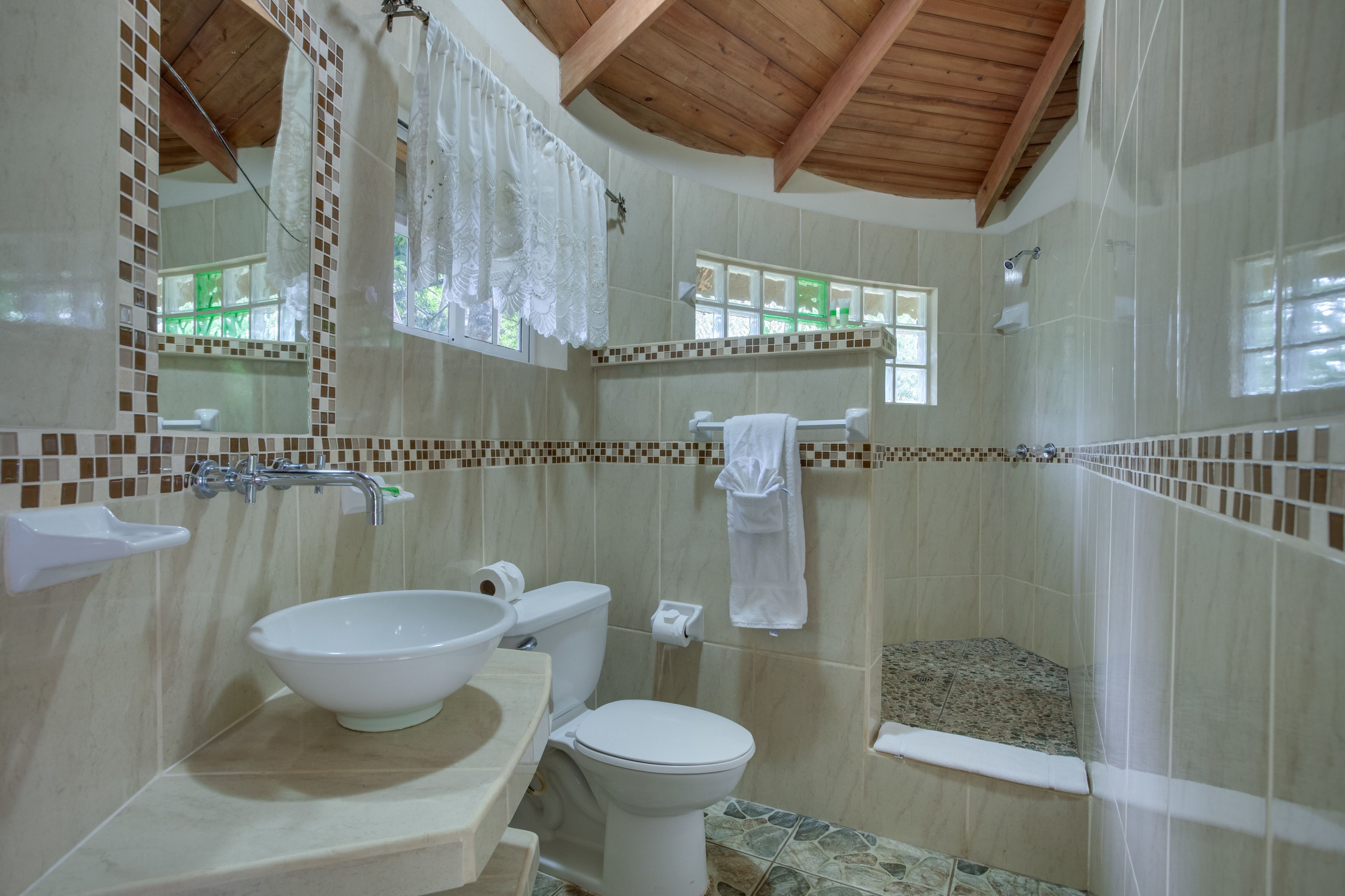 A bathroom with a large white sink, a toilet, and a shower area.