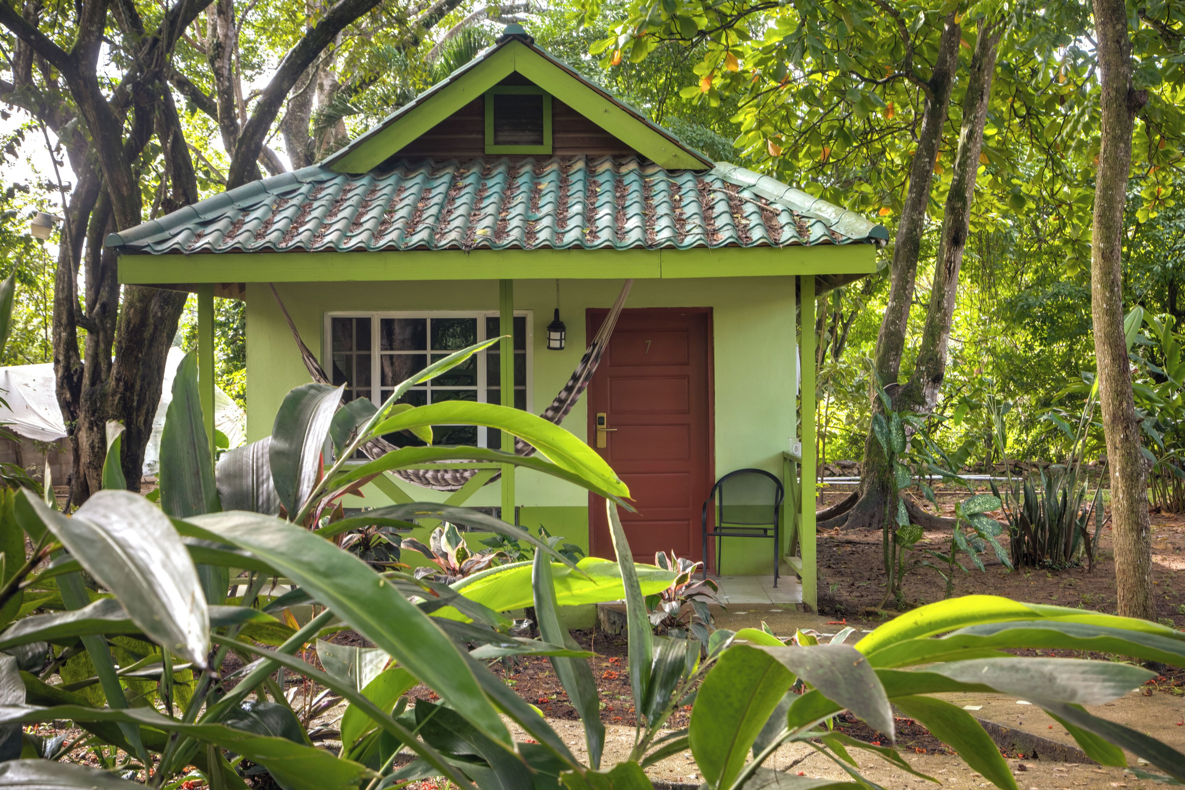 Una pequeña casa de un piso con tejado verde y puerta roja, rodeada de abundante vegetación.