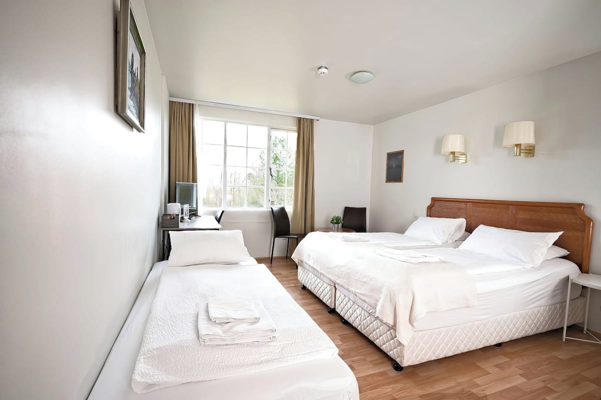 Habitación triple básica, 3 camas individuales, vista a la montaña | Escritorio, insonorización, tabla de planchar con plancha y camas extra