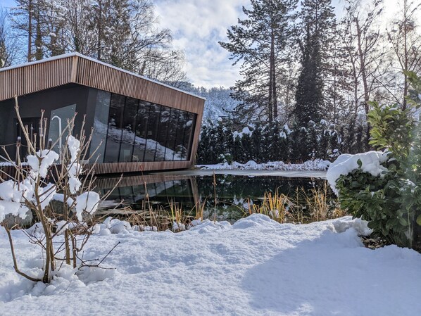 A modern building with a sloped roof and large glass windows, surrounded by snow-covered trees and a frozen pond.