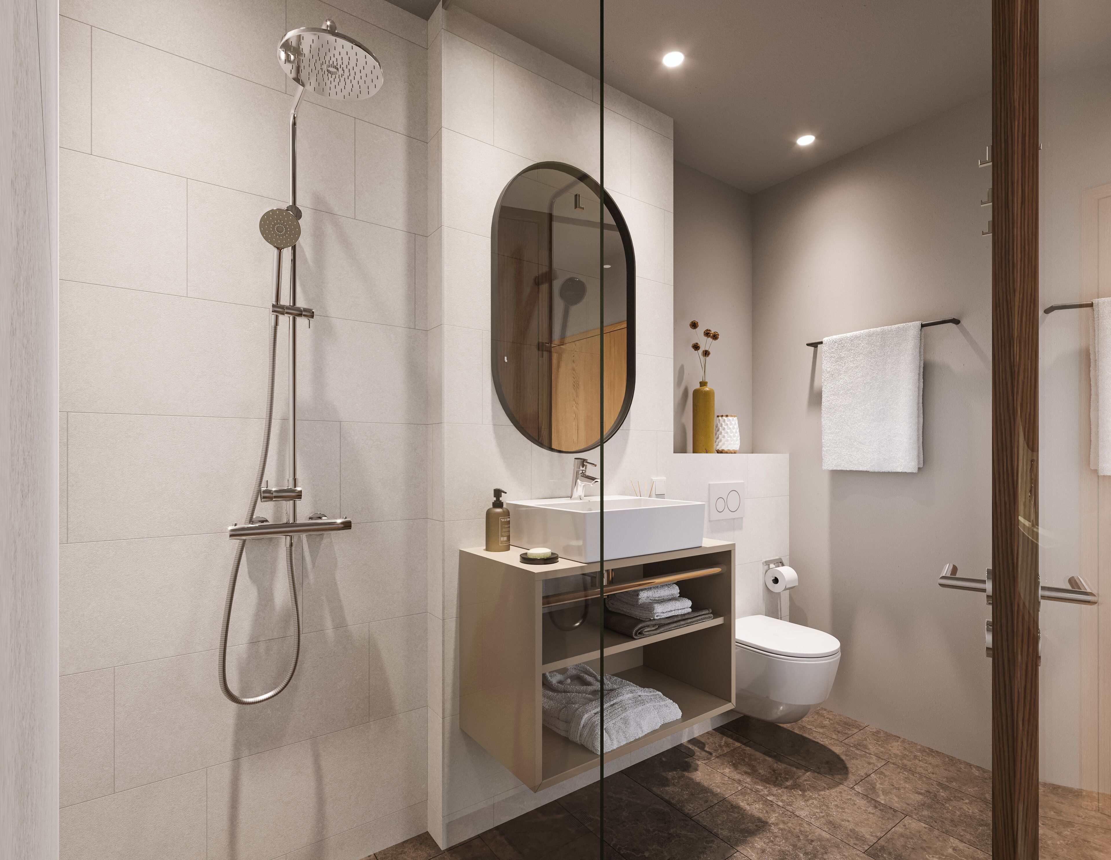 A modern bathroom with a glass-enclosed shower, a large mirror, a toilet, and a vanity with shelves.
