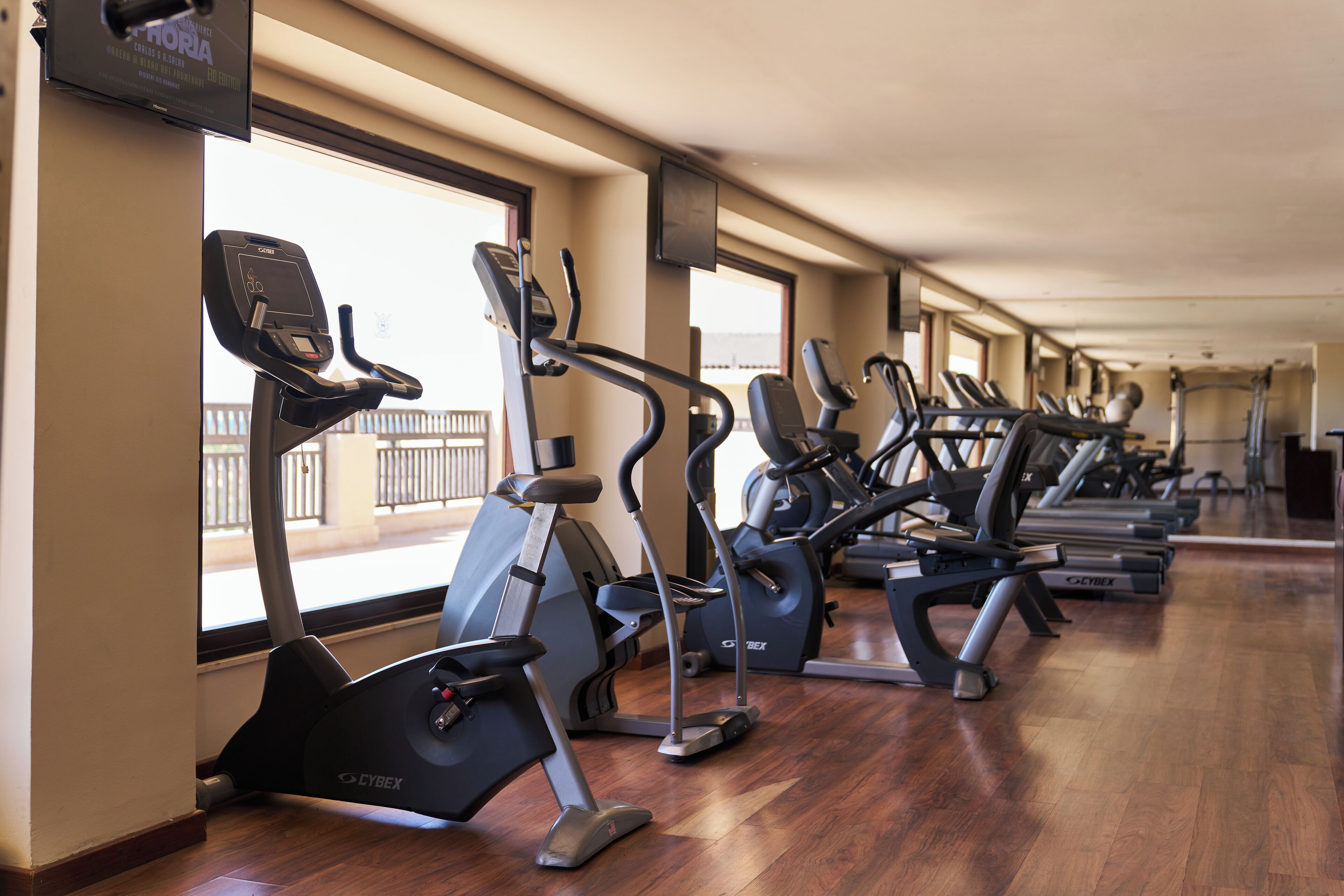 Varias bicicletas estáticas en un gimnasio con ventanas amplias y suelo de madera.