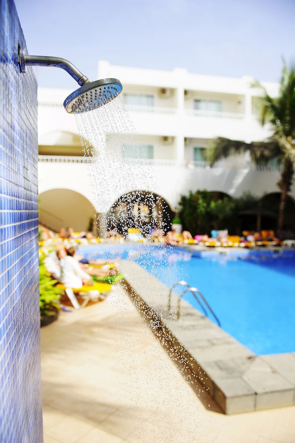 Outdoor pool, pool umbrellas, pool loungers