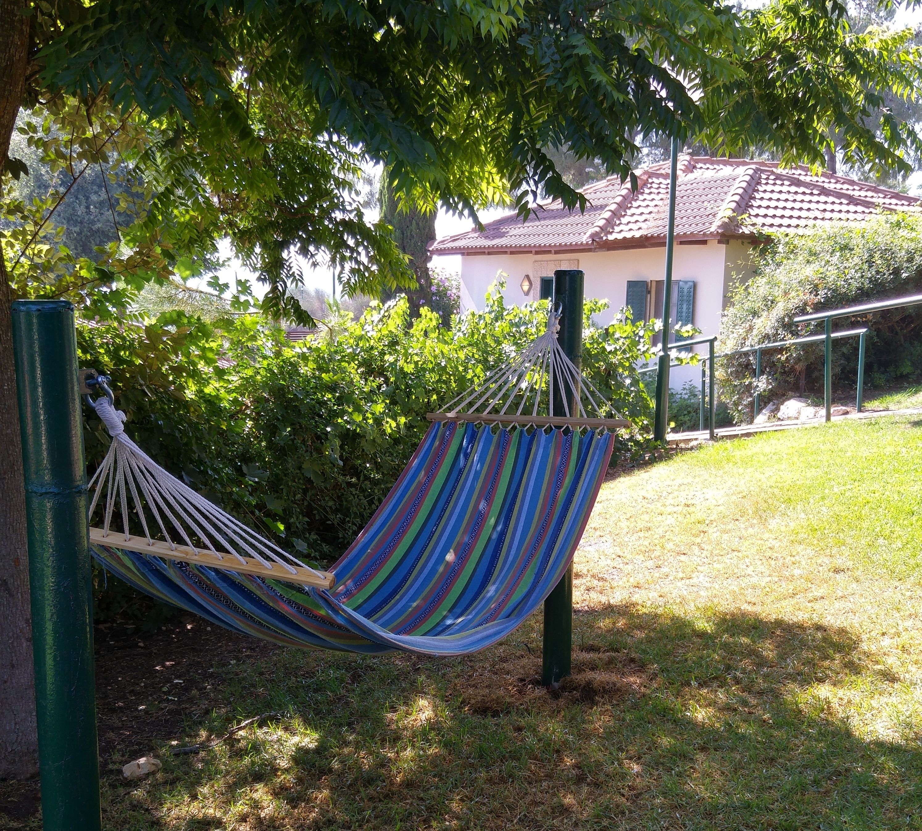 Una cadira espanyola lligada entre dos pals verds en una zona verda, amb una casa al fons.