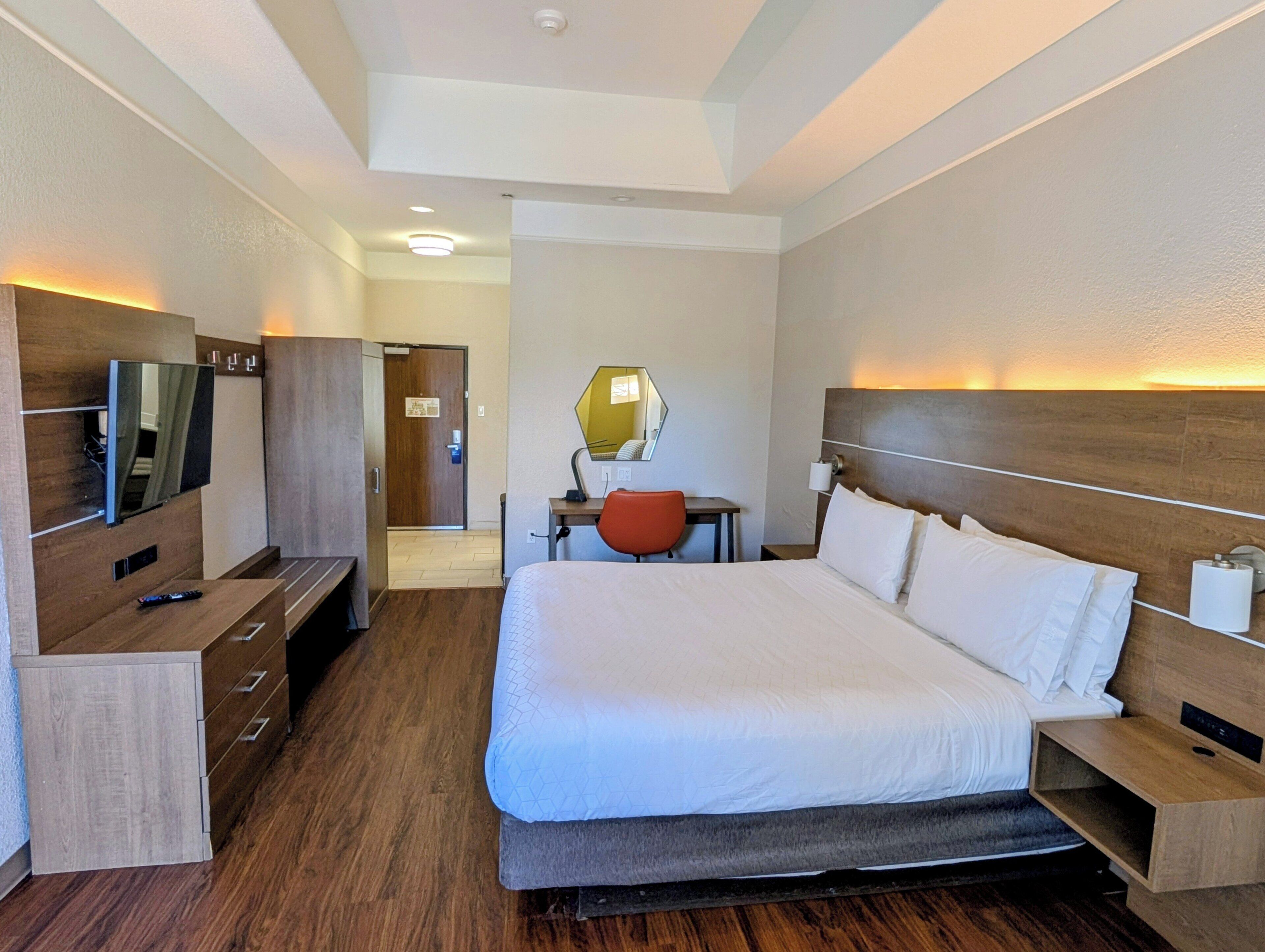 Premium bedding, down comforters, desk, blackout drapes