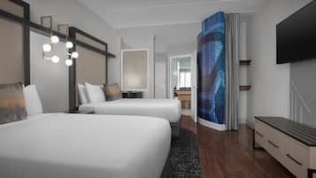 Premium bedding, desk, laptop workspace, iron/ironing board