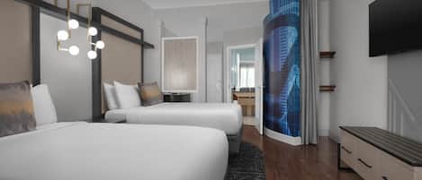 A modern hotel room with two beds, a flat-screen TV, a desk, and a large window with a view of a building.
