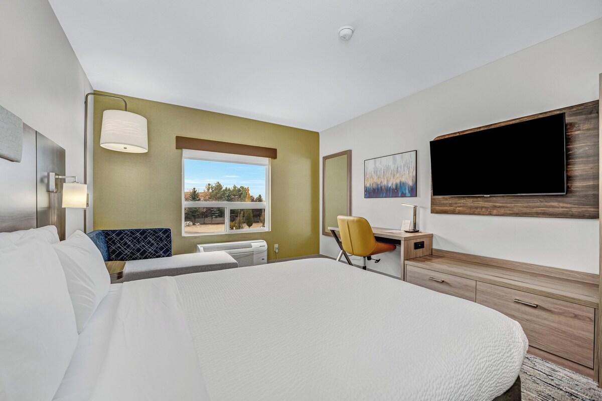 A modern hotel room with a large bed, a desk, a chair, a flat-screen TV, and a window with a view of trees.