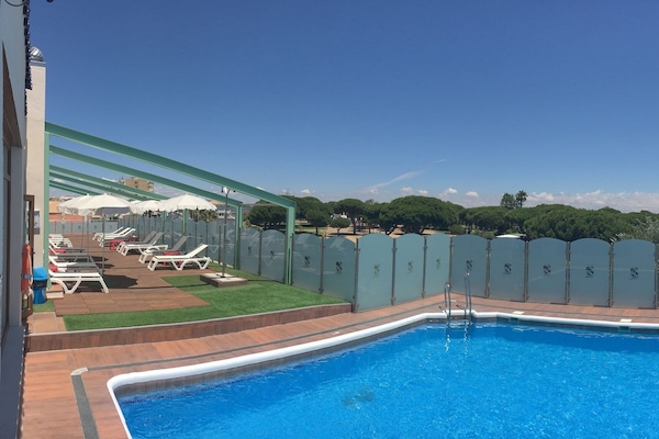 Seasonal outdoor pool, pool umbrellas, sun loungers