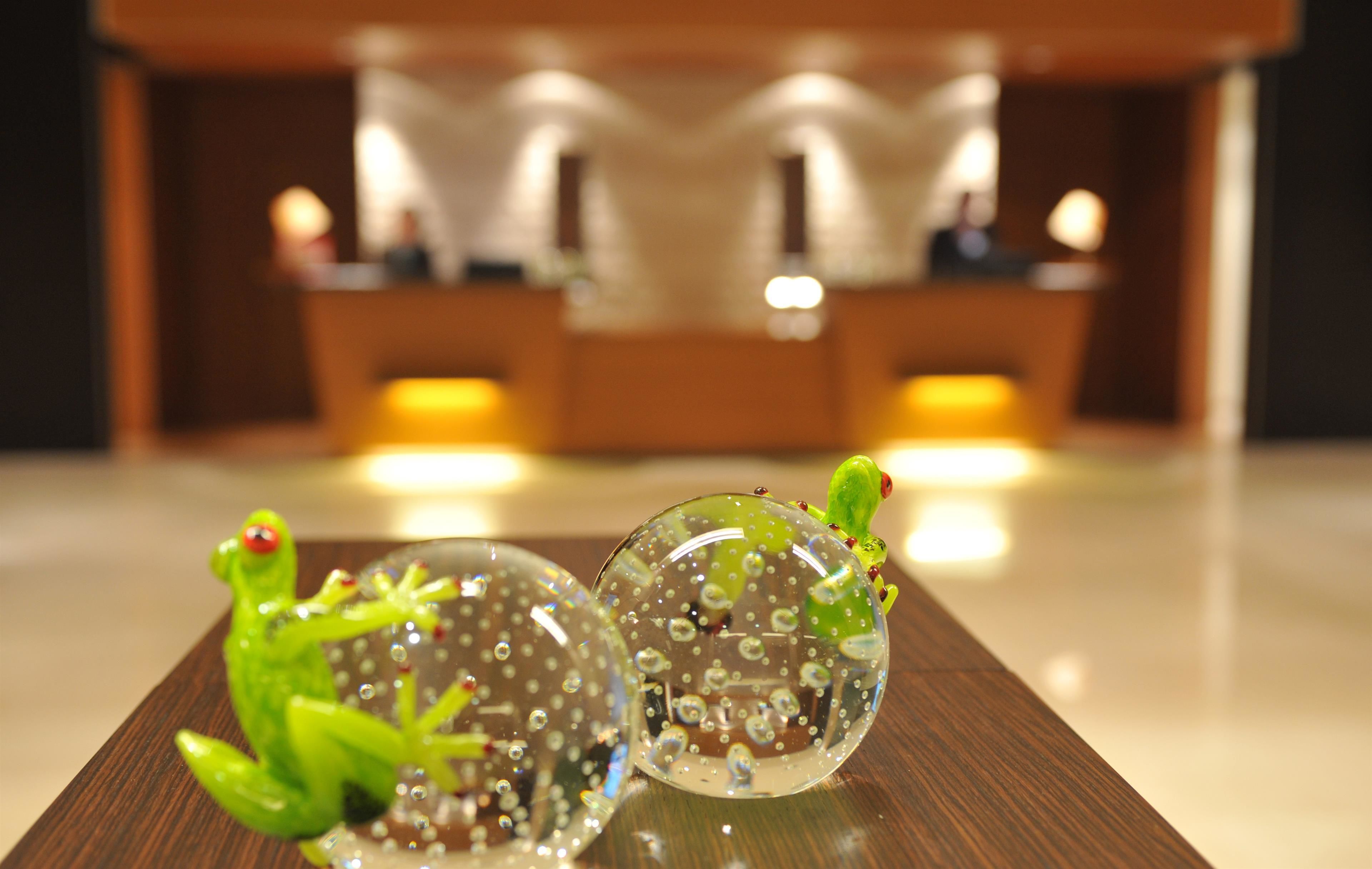 Two clear glass spheres with frog figurines on a wooden surface.