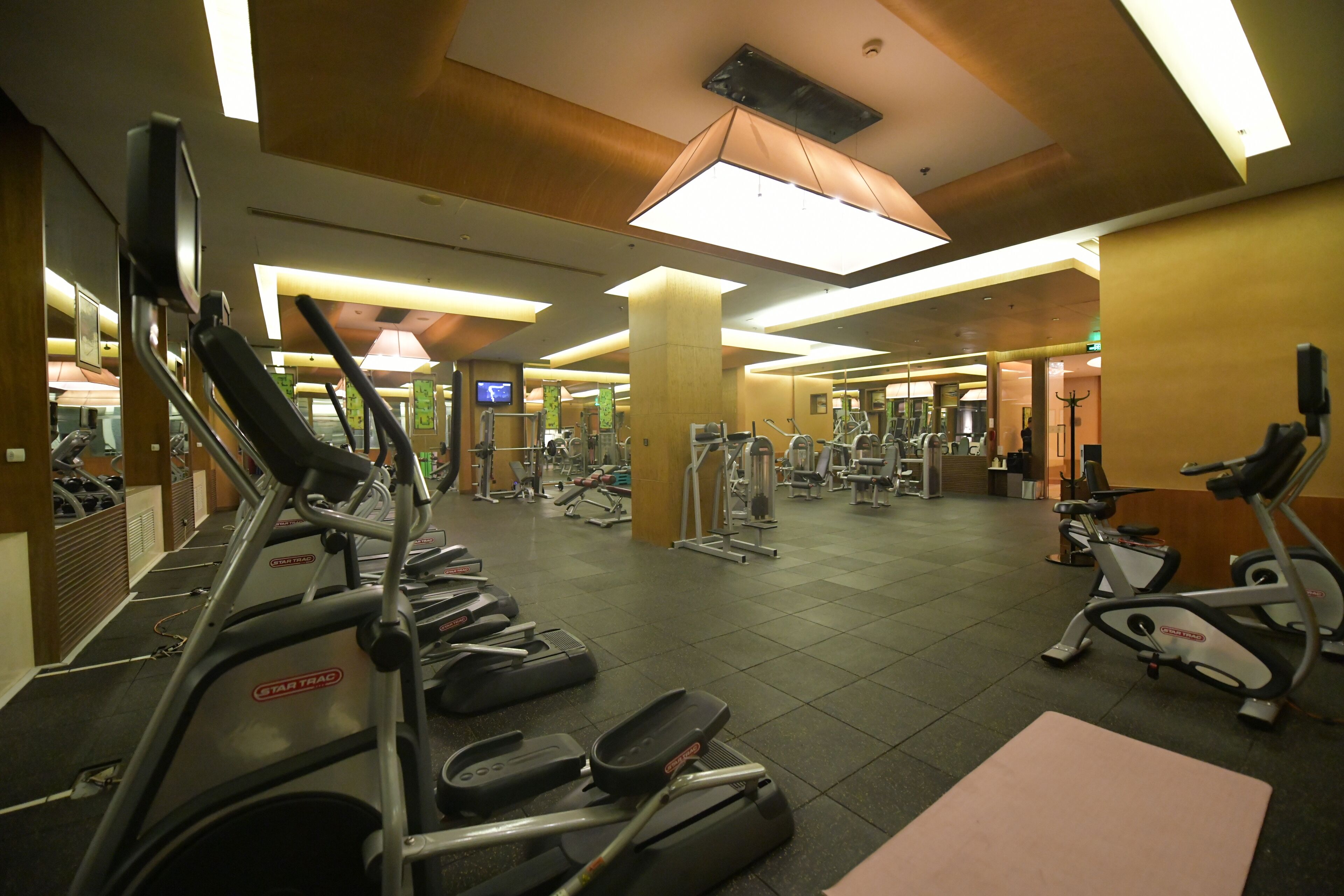A gym with treadmills, elliptical machines, and weight machines.