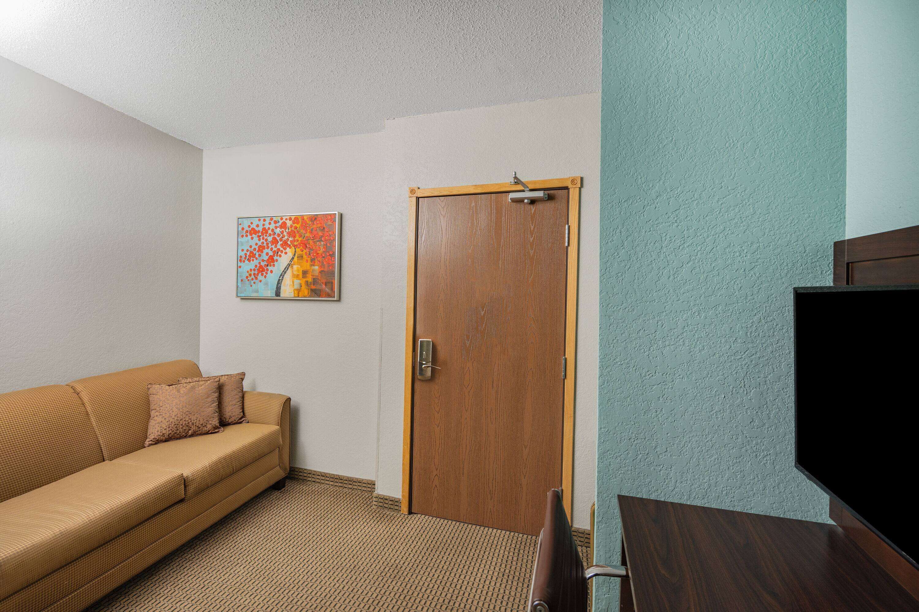 A room with a wooden door, a beige sofa with pillows, a painting on the wall, and a television on a stand.
