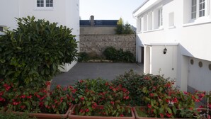 A narrow alleyway with white buildings, a brick wall, and potted plants with red flowers.