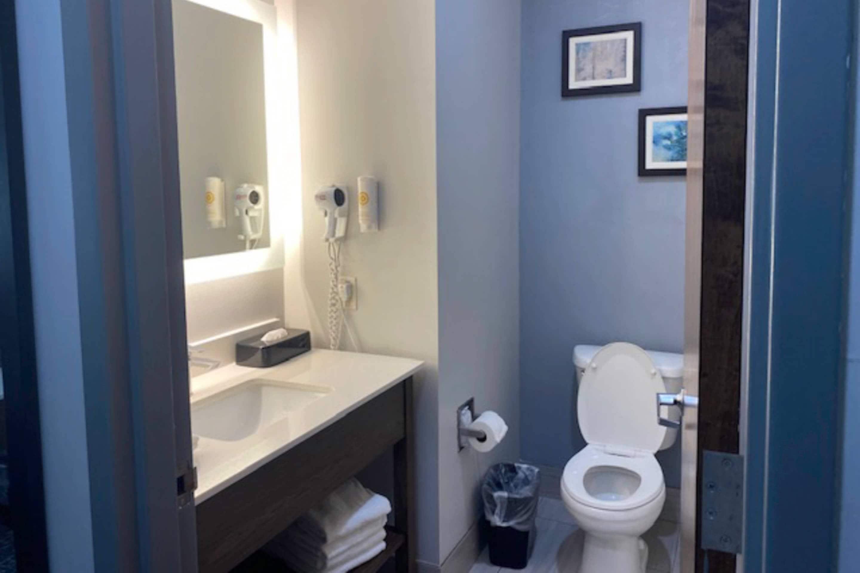 Une salle de bain avec un lavabo blanc, un miroir, des toilettes et une poubelle.