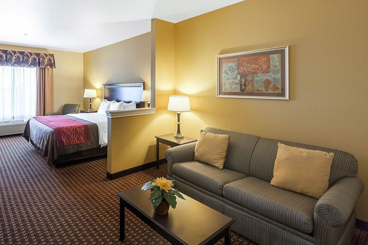 A hotel room with a bed, a sofa, a coffee table with a flower, a lamp, and a painting on the wall.