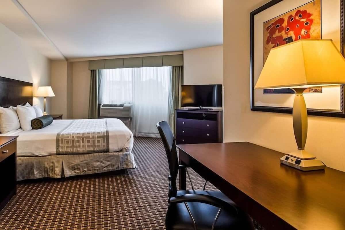 Een hotelkamer met een bed, twee nachtkastjes met lampen, een bureau met stoel, een televisie en een raam met gordijnen.