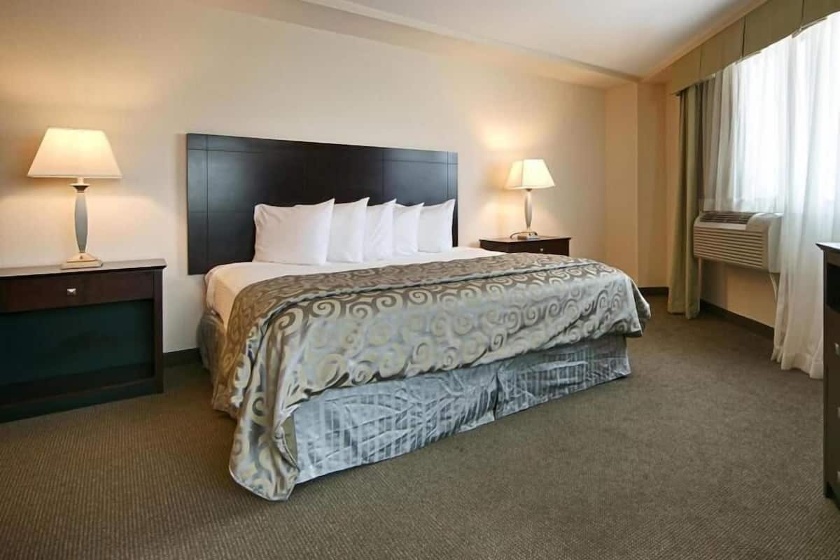 Een hotelkamer met een bed, twee nachtkastjes met lampen, een donkere hoofdbord en een airconditioning.