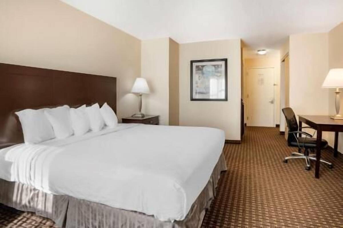 Een hotelkamer met een groot bed, een bureau, een stoel, een lamp en een ingelijst schilderij aan de muur.