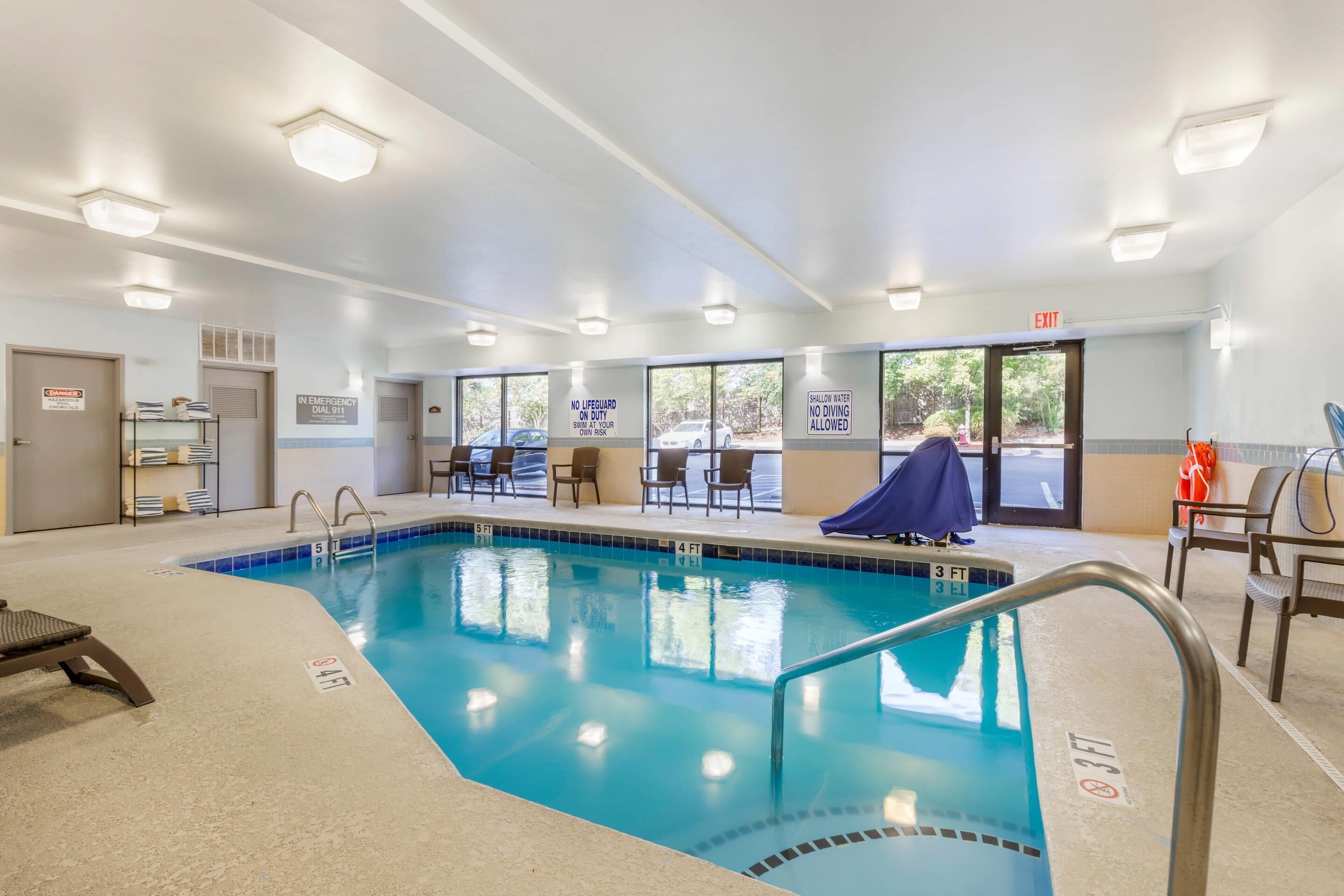 Indoor pool, open 8 AM to 10 PM, sun loungers