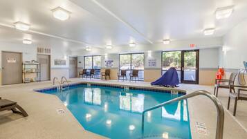 Indoor pool, open 8 AM to 10 PM, sun loungers