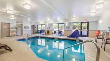 Indoor pool, open 8 AM to 10 PM, pool loungers