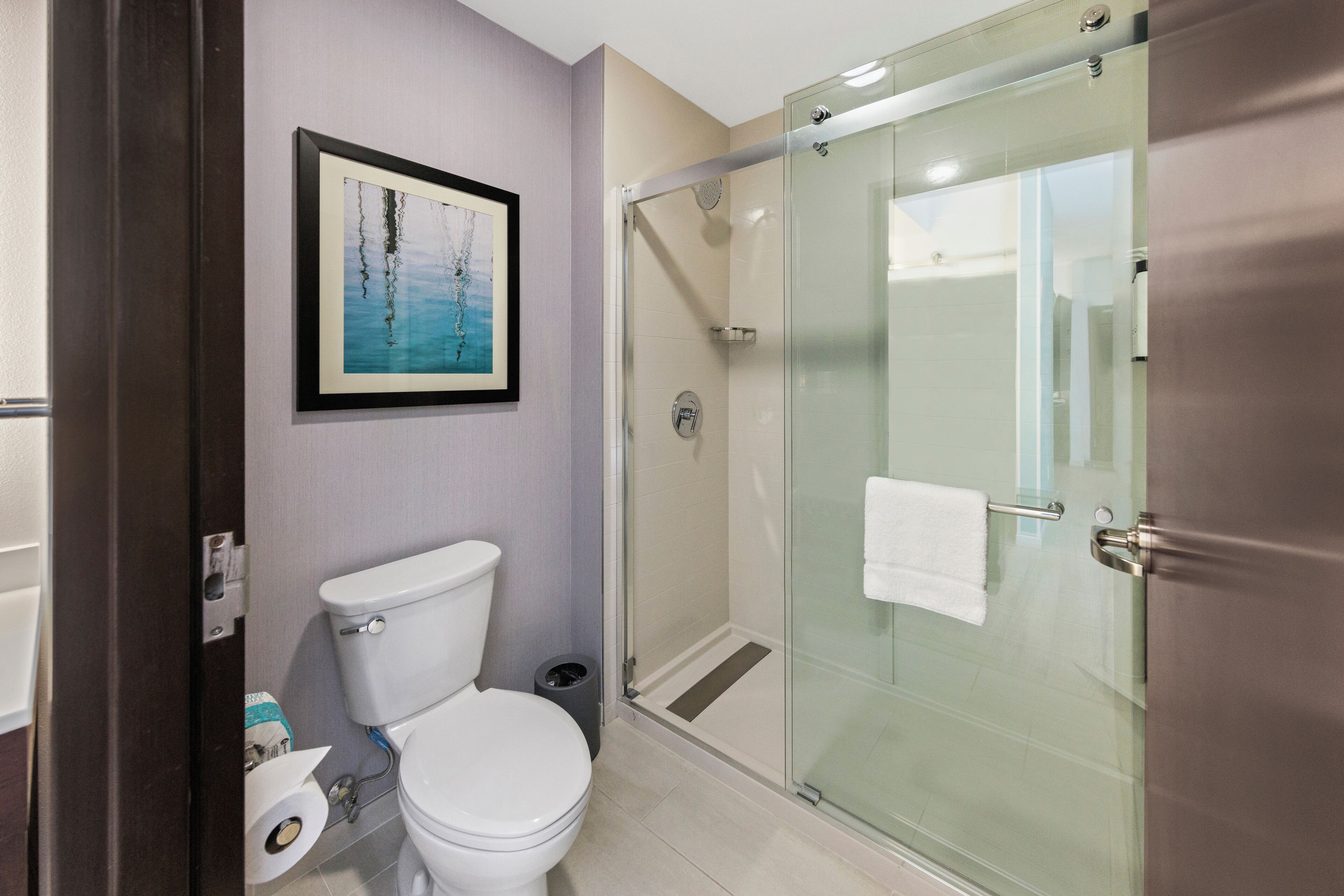 A bathroom with a toilet, a framed picture on the wall, a glass shower enclosure, and a towel rack.