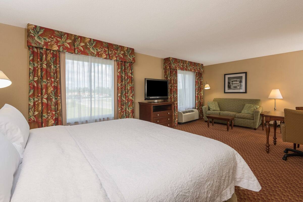 Una habitación de hotel con una cama grande, televisión, sofá, escritorio y dos lámparas.