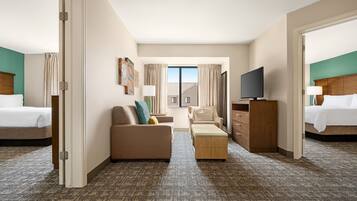 1 bedroom, desk, laptop workspace, blackout curtains