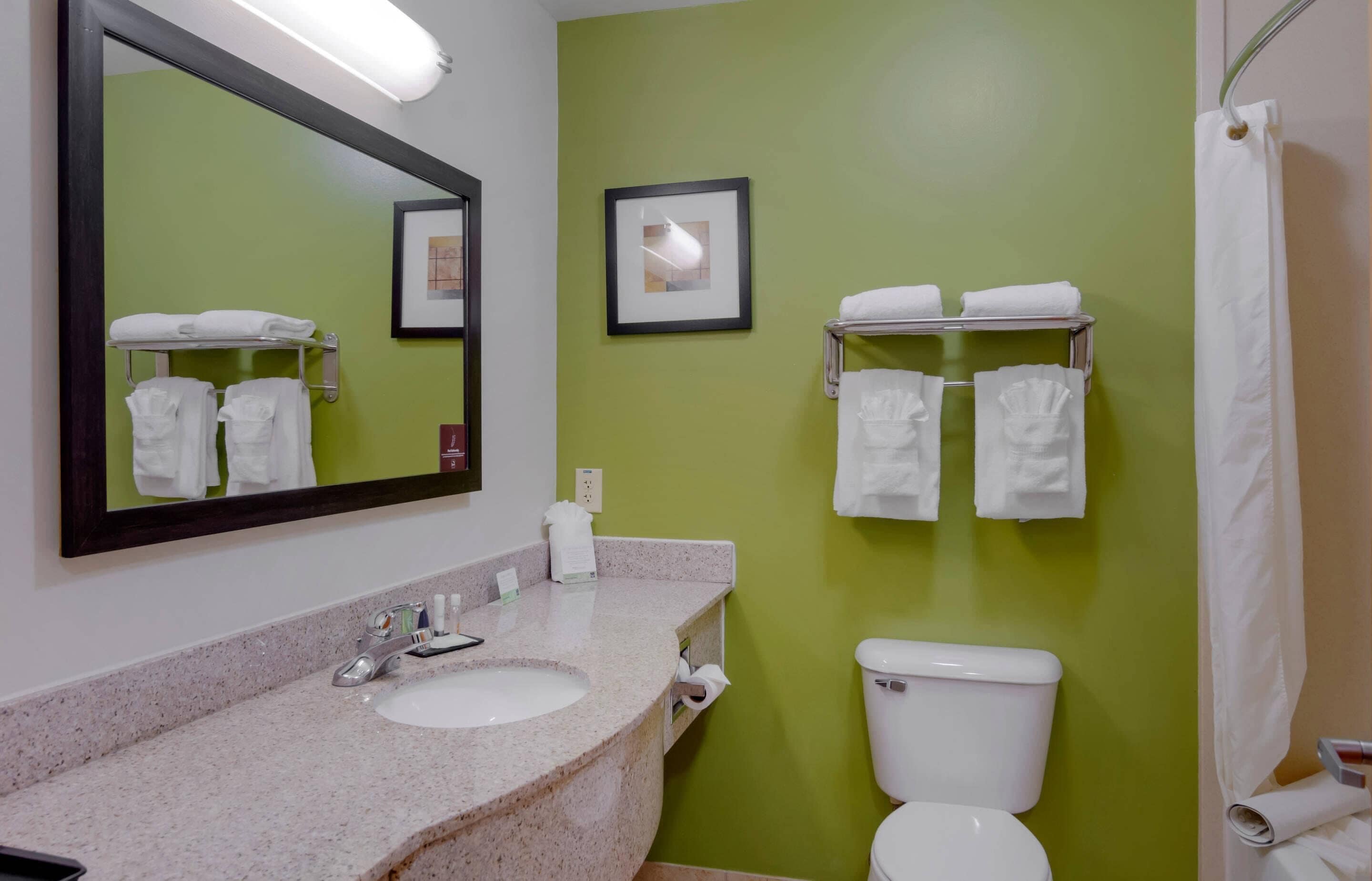 A bathroom with a sink, mirror, toilet, and towel rack.