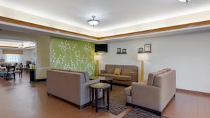 Un hall d’hôtel moderne avec un ensemble de canapés, une table basse et un téléviseur.