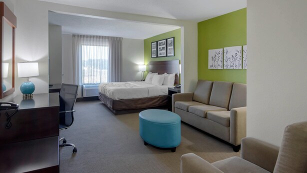 Une chambre d’hôtel comprenant un lit, un bureau, une chaise, un canapé et un pouf bleu.