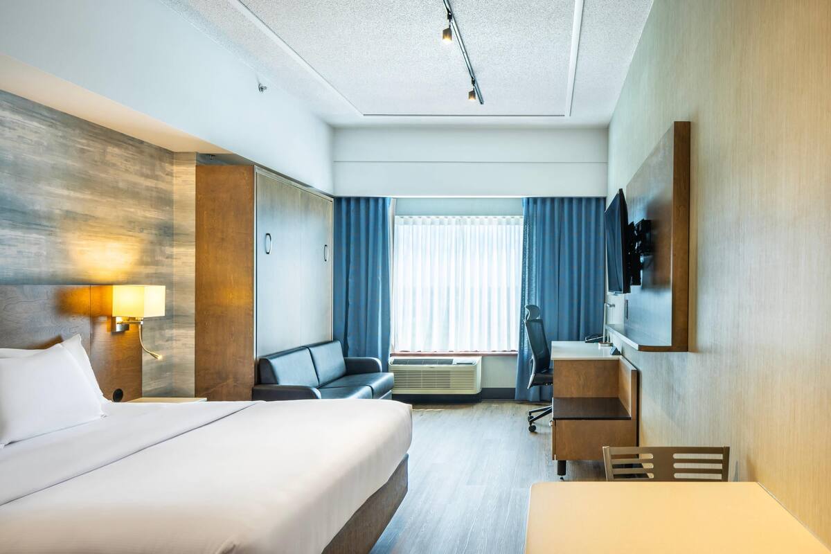 A hotel room with a bed, a desk, a chair, a sofa, a TV, and a window with curtains.
