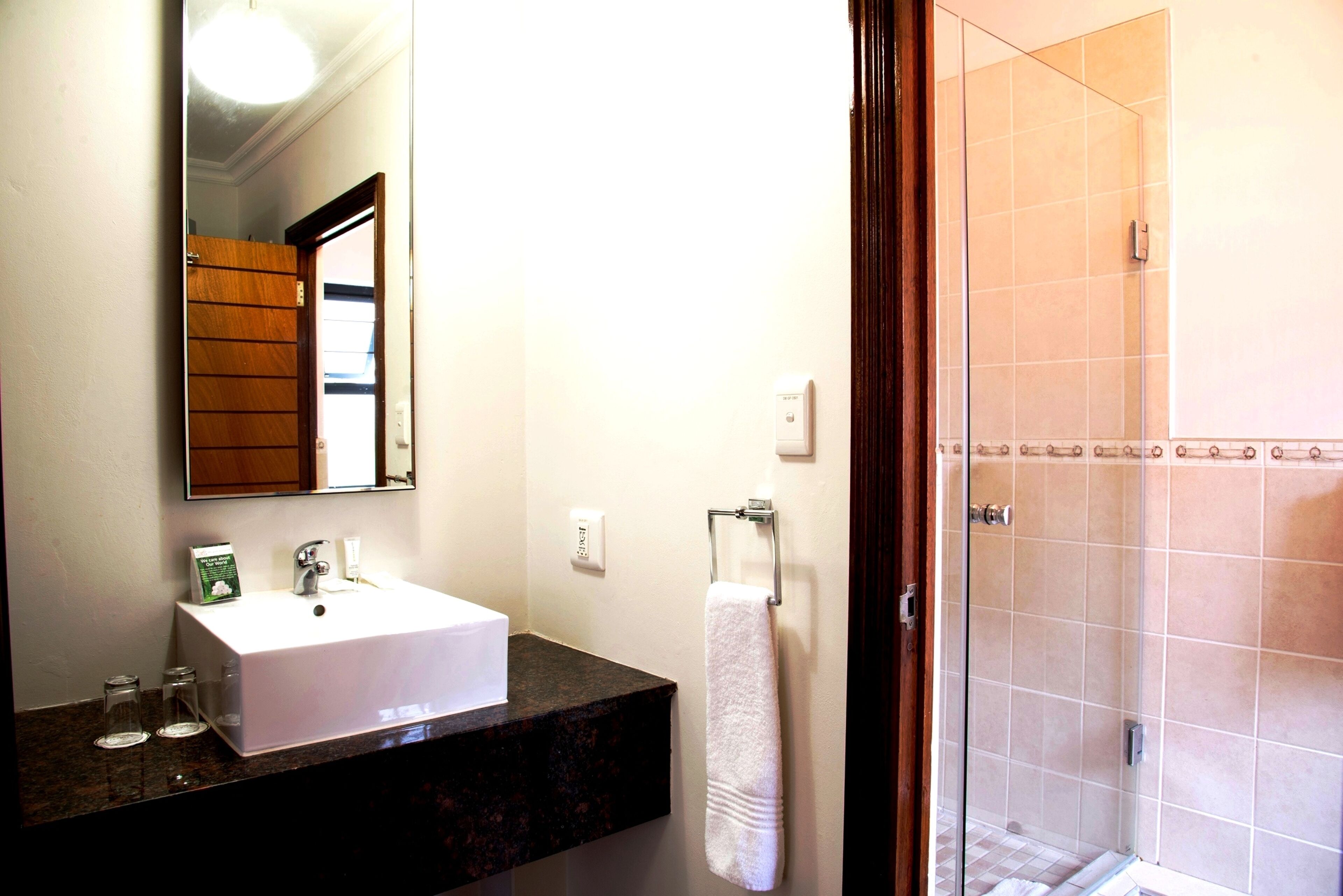 combined shower/bathtub, free toiletries, hair dryer, towels