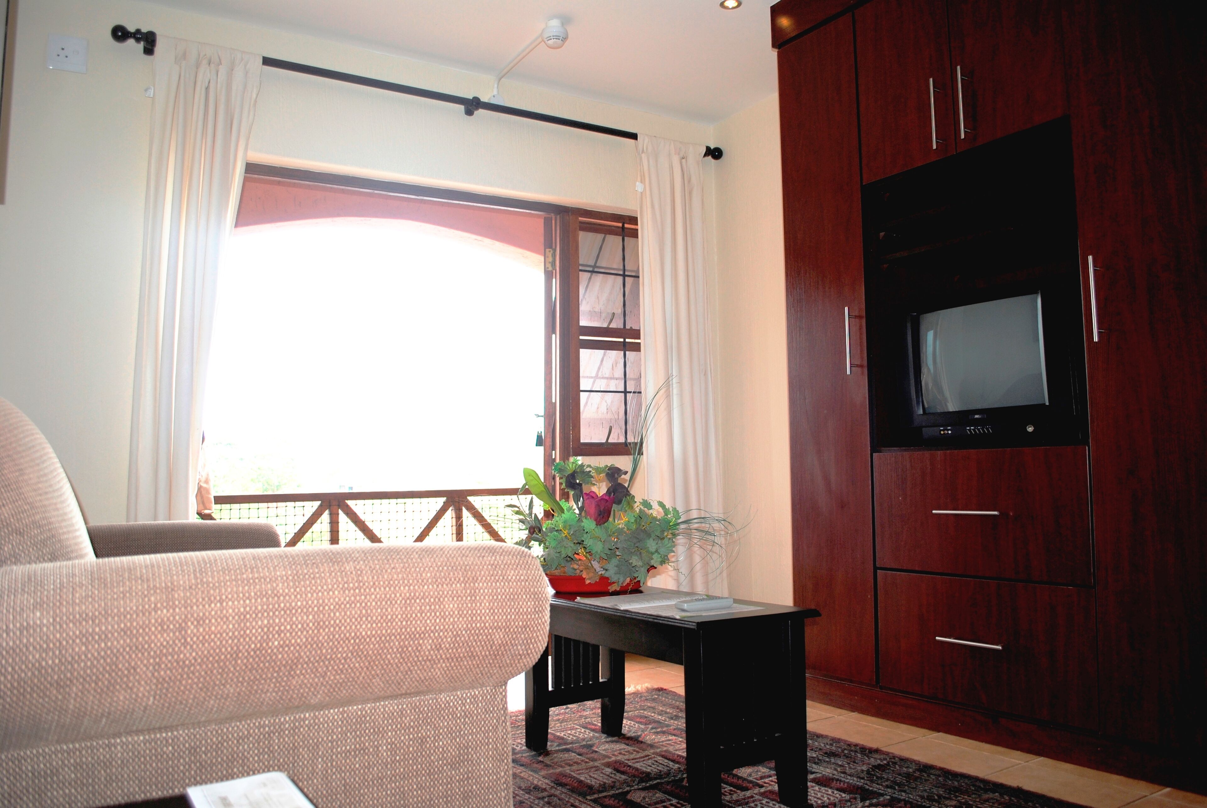 A living room with a sofa, a table with a plant, a TV, and wooden cabinets.