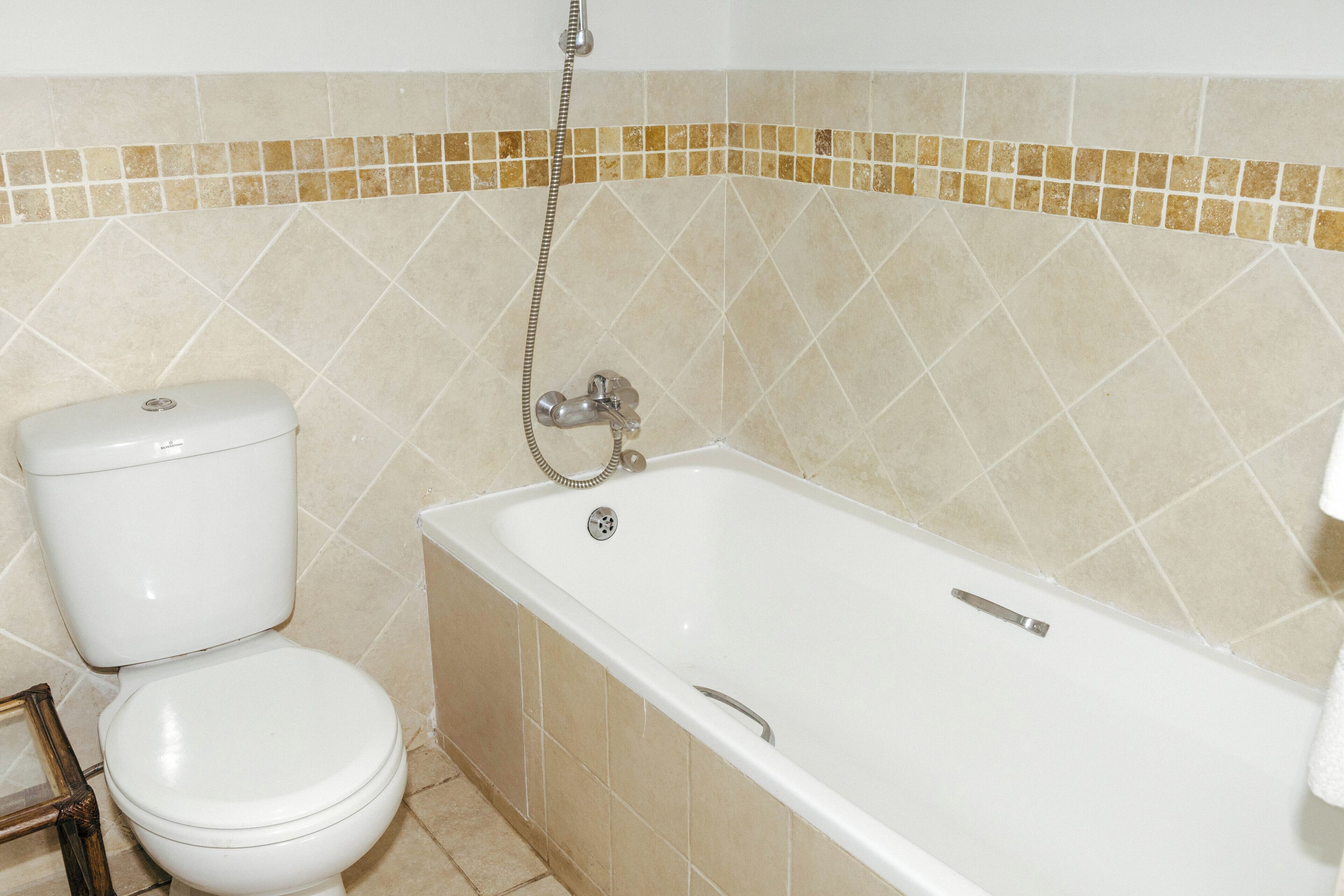 A bathroom with a toilet and a bathtub.