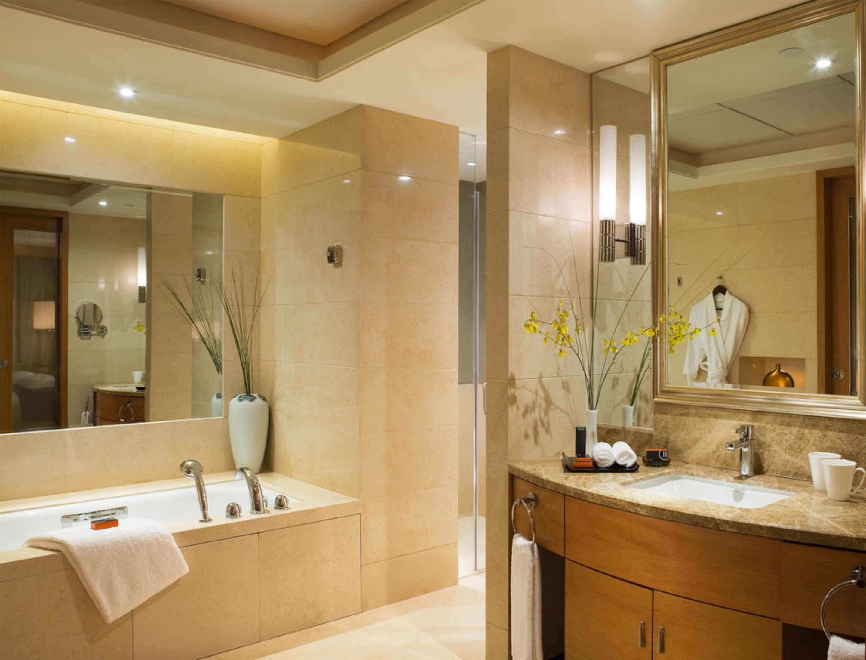 rainfall showerhead, free toiletries, hair dryer, bathrobes