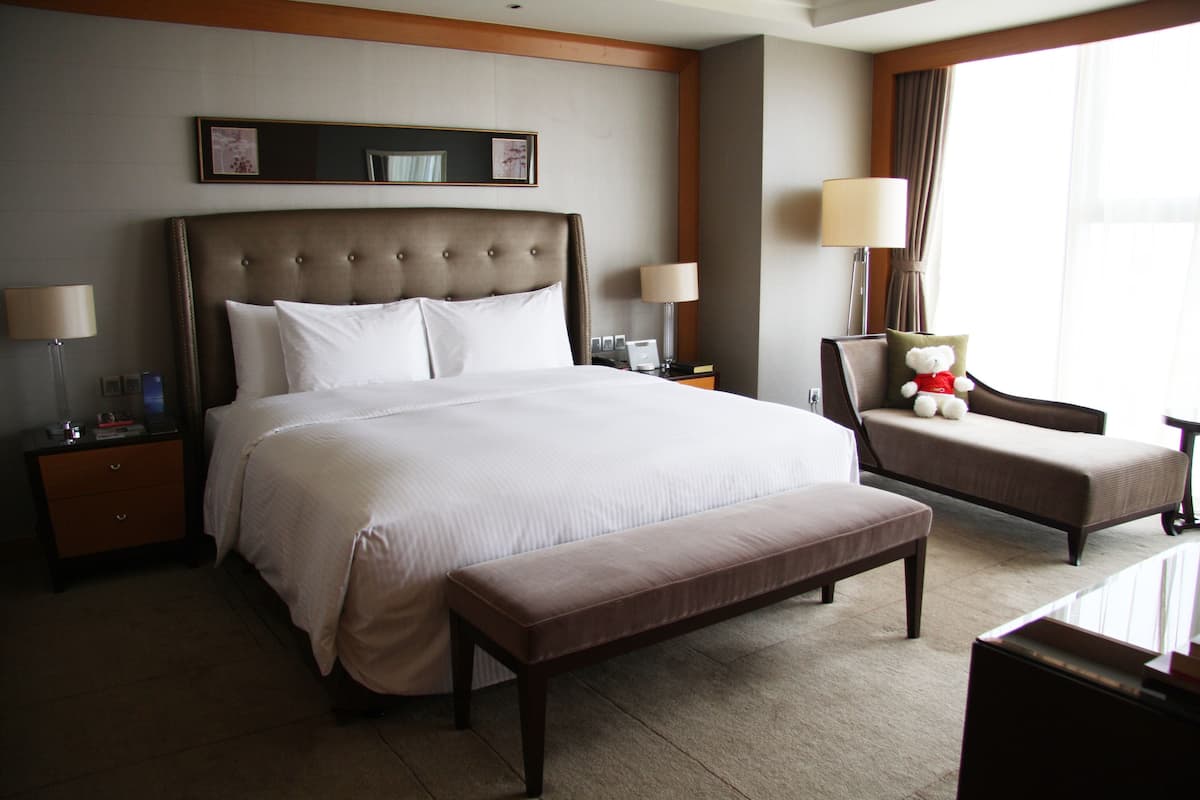 A hotel room with a large bed, a bench, a chair, a bedside table, a lamp, and a teddy bear.