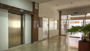 Un pasillo con un ascensor, una planta en maceta y una puerta de vidrio que da a otra habitación.