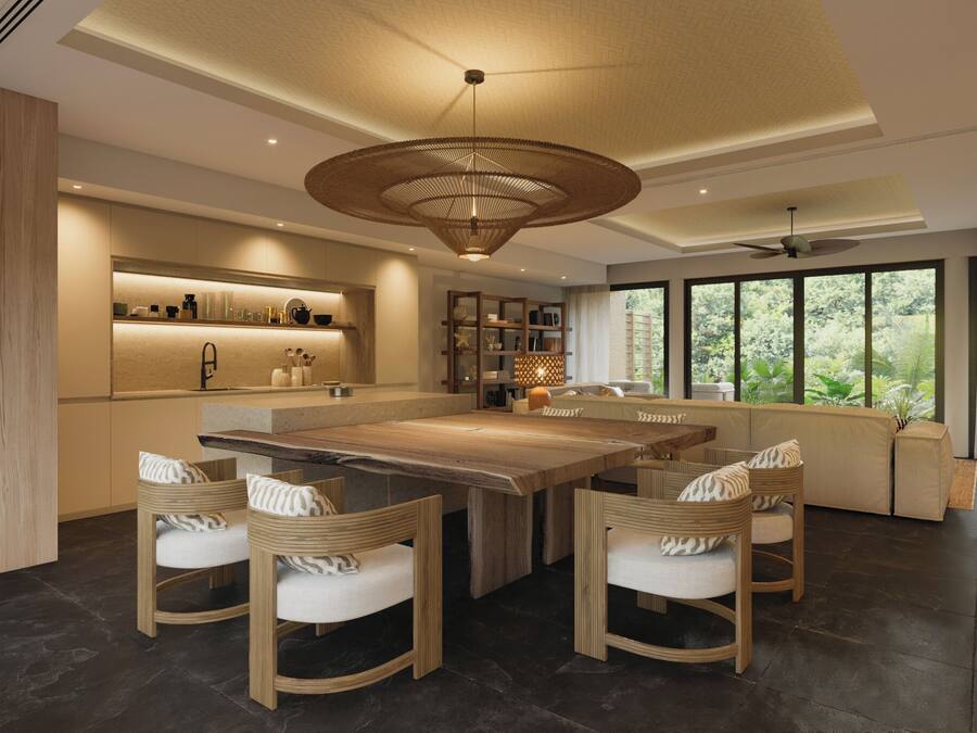 A modern kitchen with a central island, built-in shelves, and a large window offering a view of greenery.