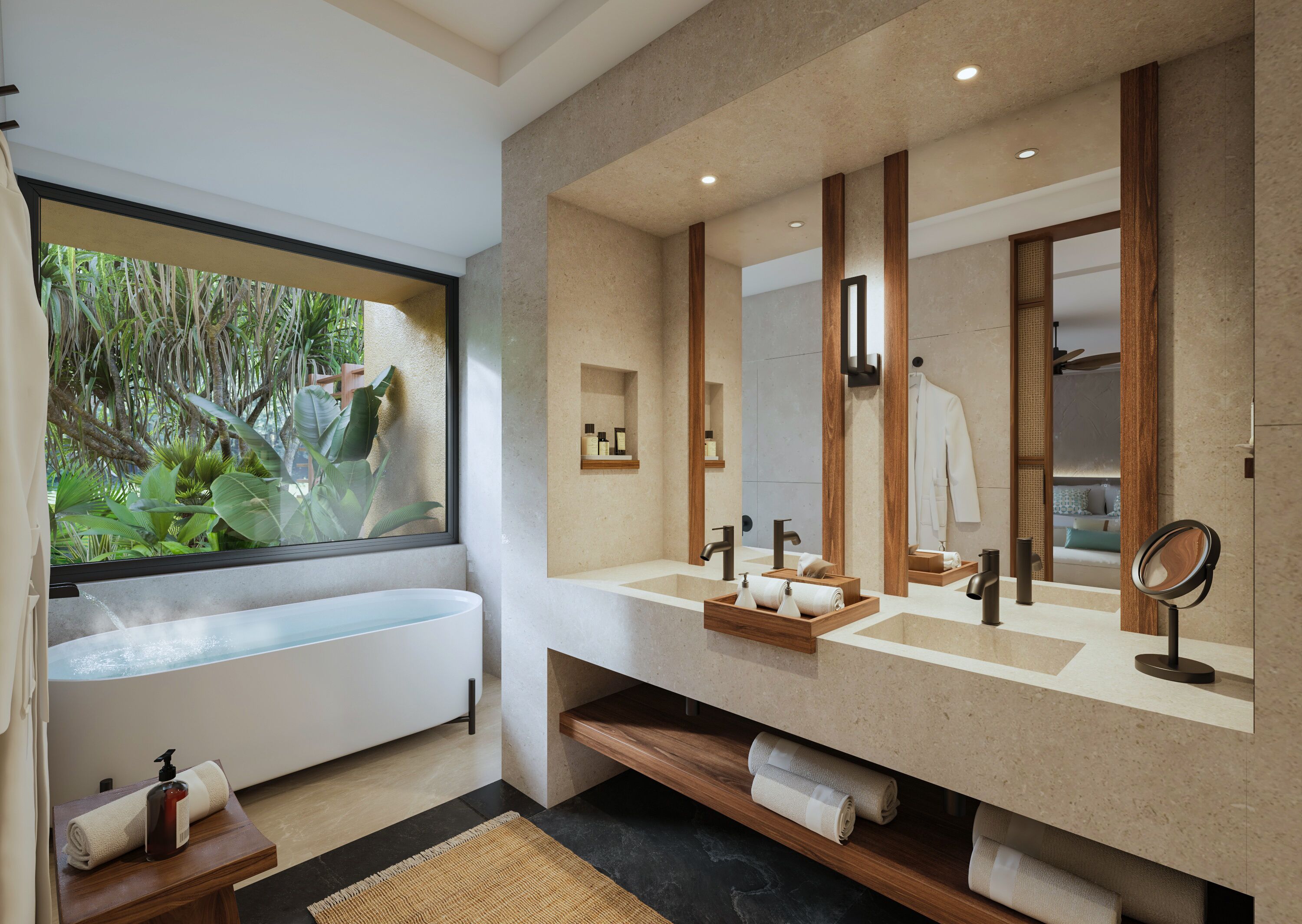 Un baño moderno con bañera, dos lavamanos y un espejo grande.