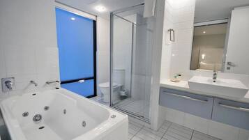 Shower, hair dryer, towels